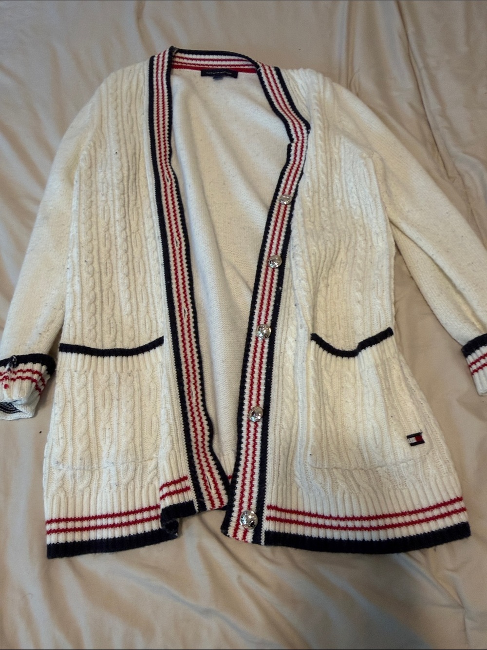 Tommy Hilfiger Cream Cable Knit Cardigan with Red & Navy Trim